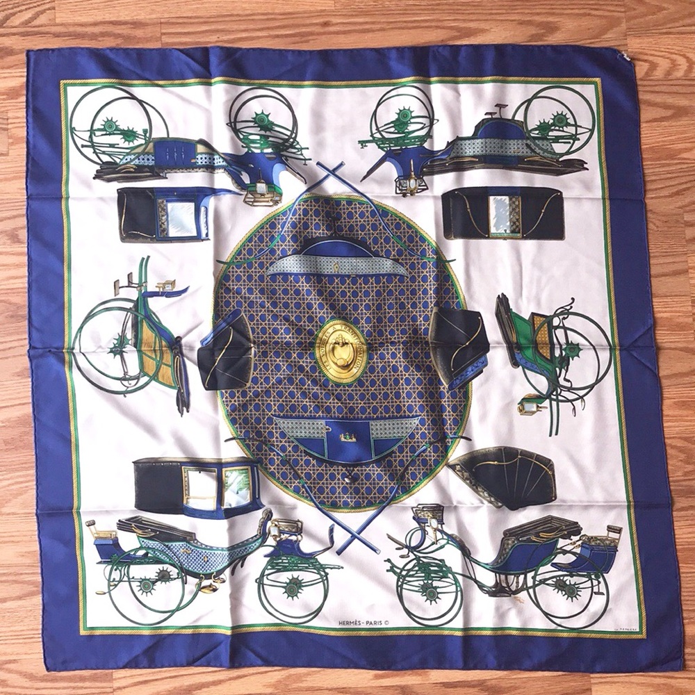 VINTAGE HERMÈS | Blue Carriage 90cm Silk Scarf